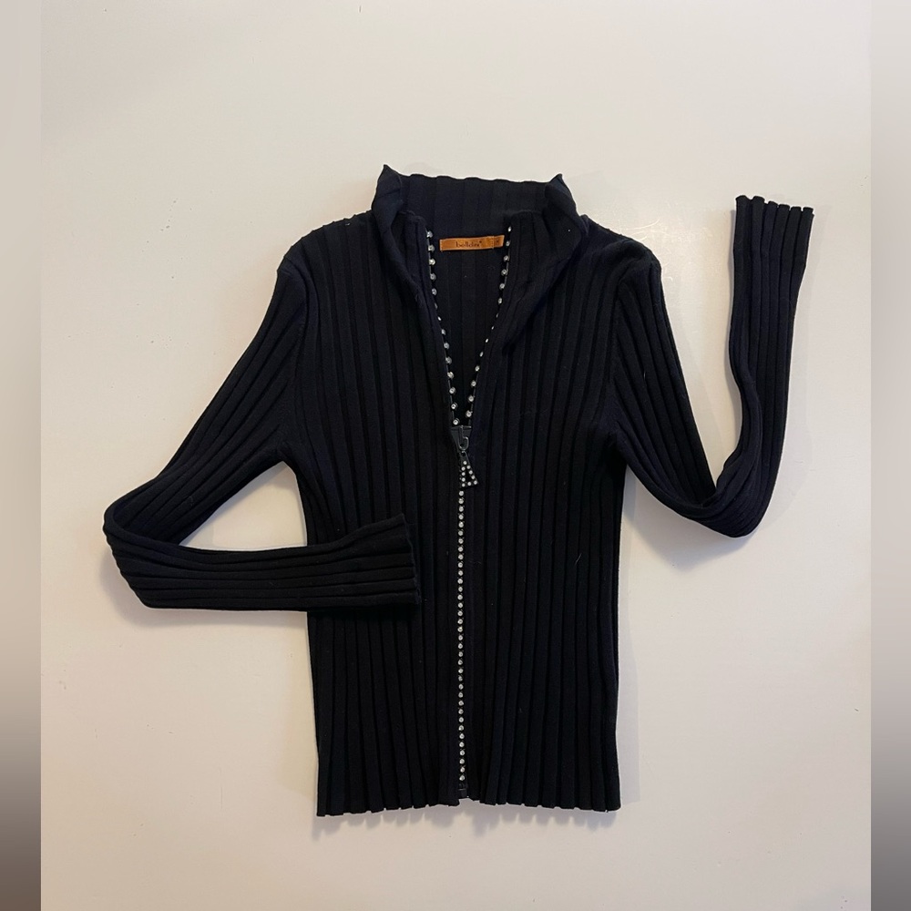 Belldini Ribbed Knit Mock Turtleneck Full Rhinestone Zip M - Picture 3 of 9